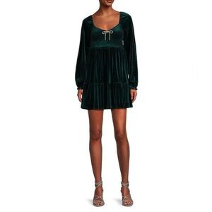 Midnight Doll Burnout Velvet Smocked Long Sleeve Dress with Rhinestone Bow Party